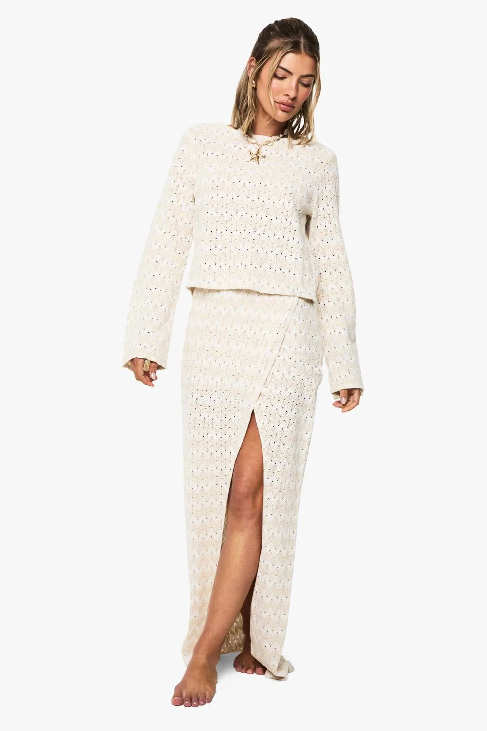 Zig Zag Knitted Beach Maxi Skirt by boohoo