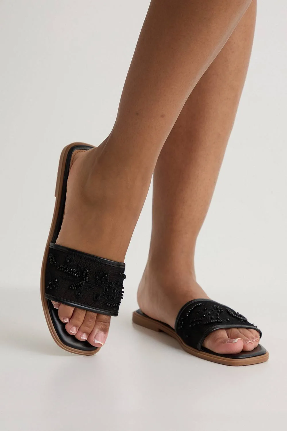 Mesh Beaded Strap Sliders by boohoo