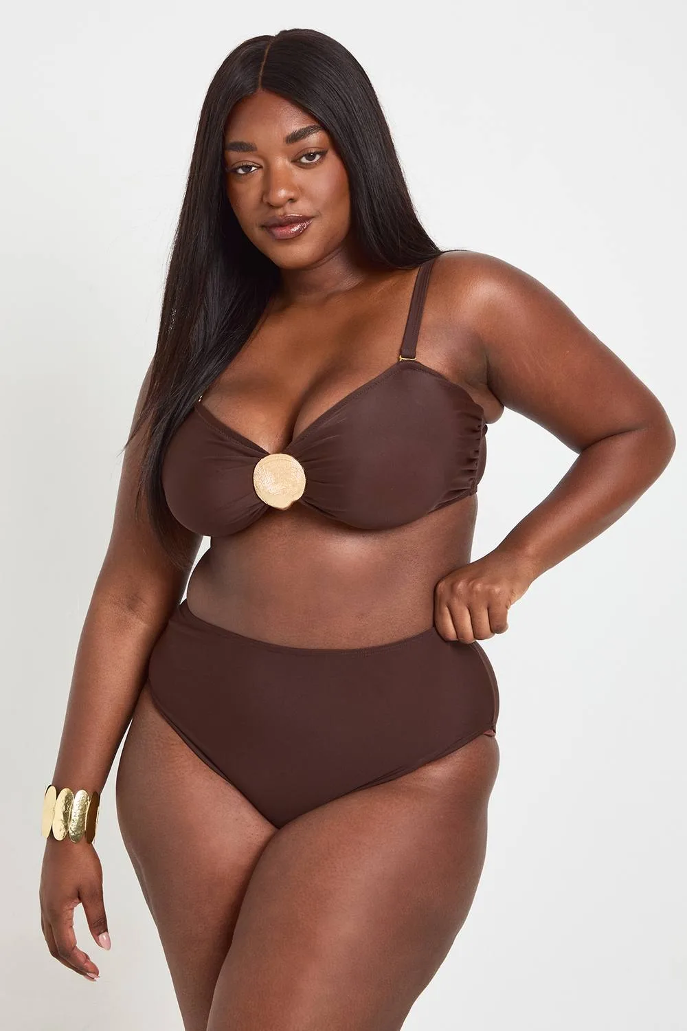 Shell Trim Bandeau Bikini Top & High Waist Bikini Bottom by boohoo