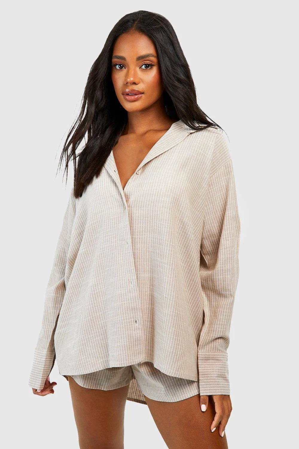 Cotton Tonal Pinstripe Oversized Pyjama Shirt - Stone by boohoo