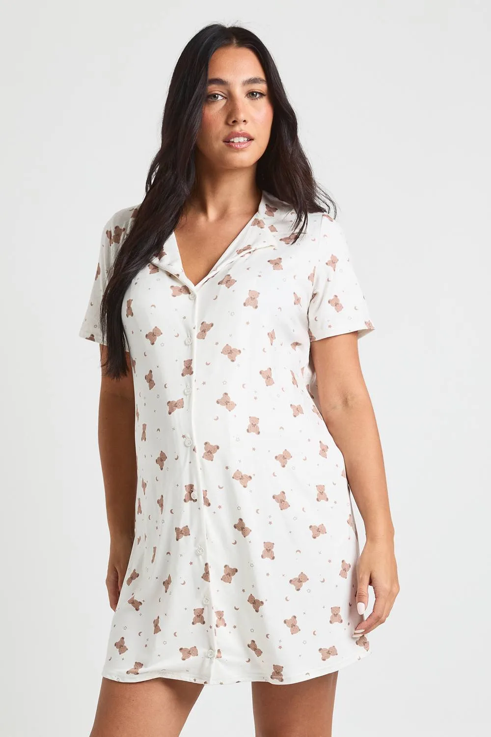 Maternity Bear Print Button Through Collar Nightie by boohoo
