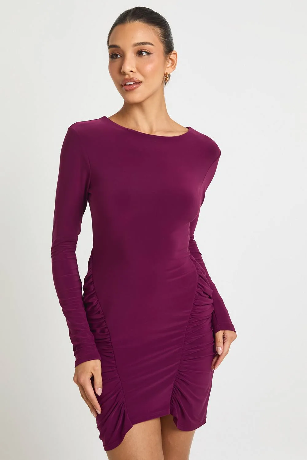 Long Sleeve Ruched Panel Mini Dress by boohoo