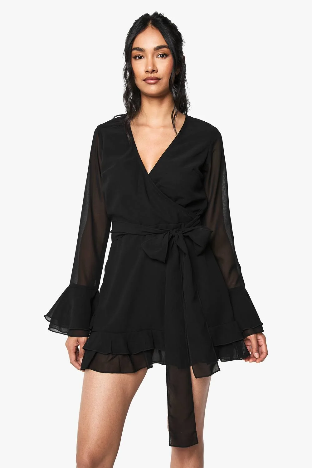 Flare Sleeve Chiffon Wrap Mini Dress by boohoo