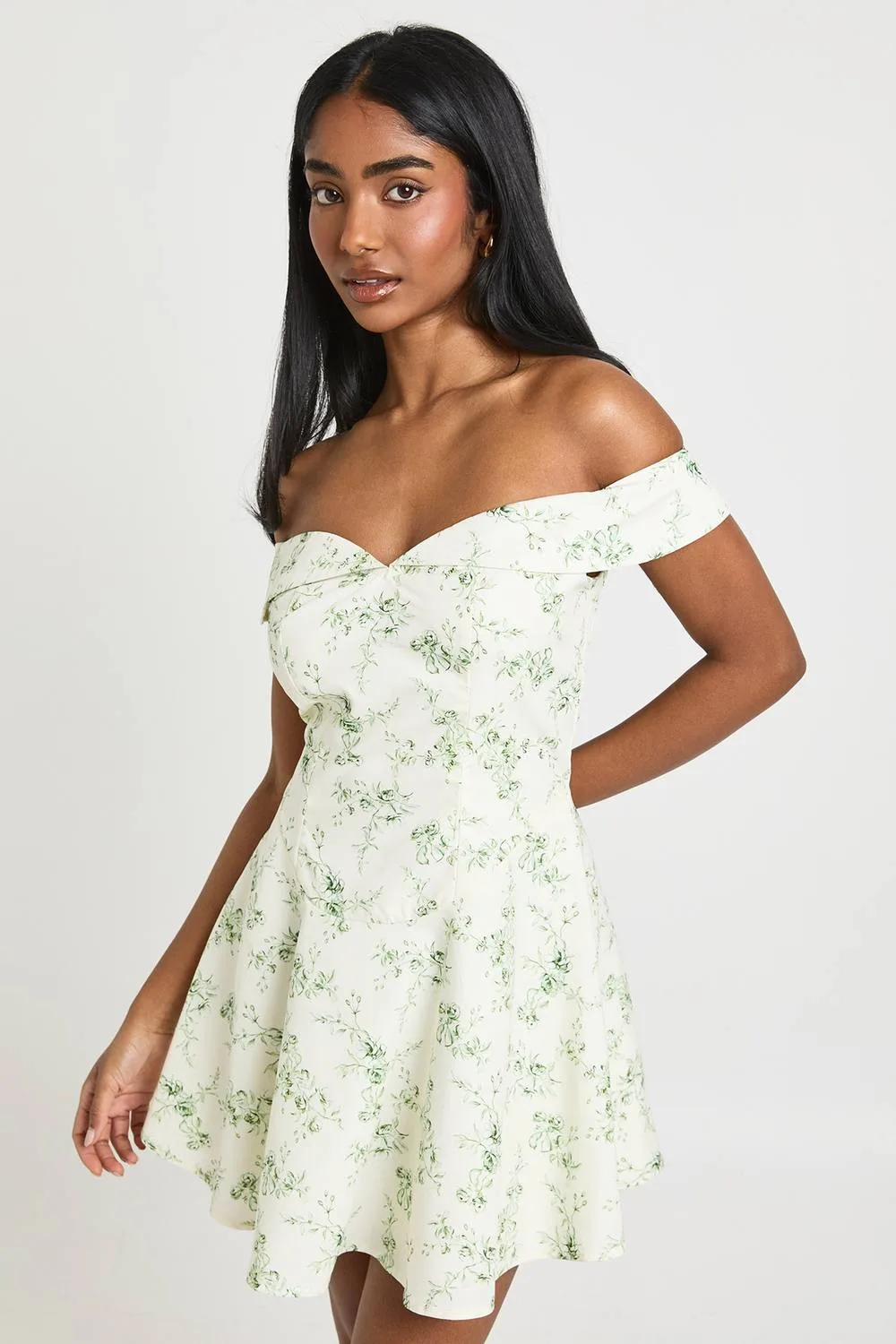 Floral Print Bardot Skater Mini Dress by boohoo
