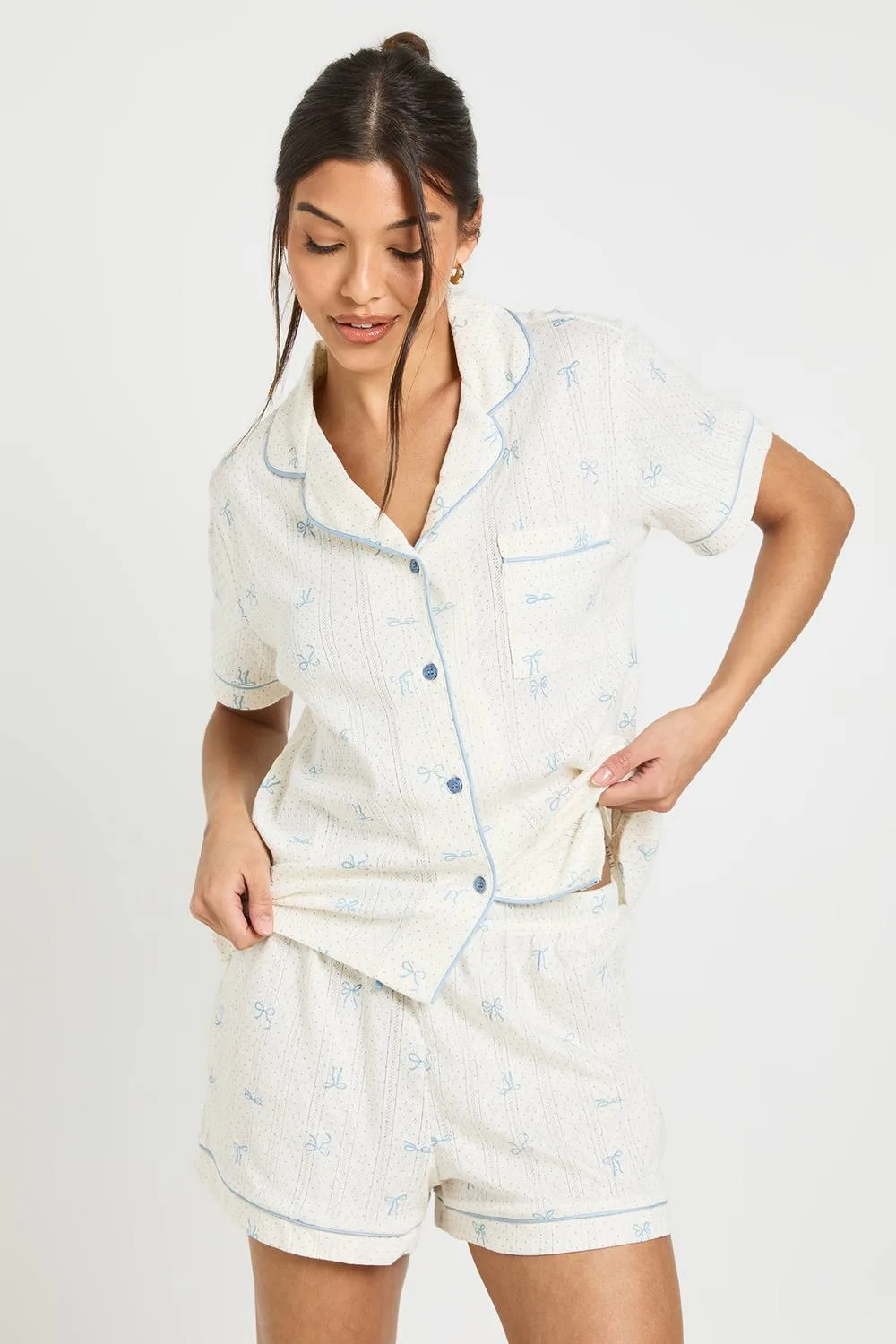 Bow Print Pointelle Button Through Short Sleeve Short & Short Pyjama Set by boohoo