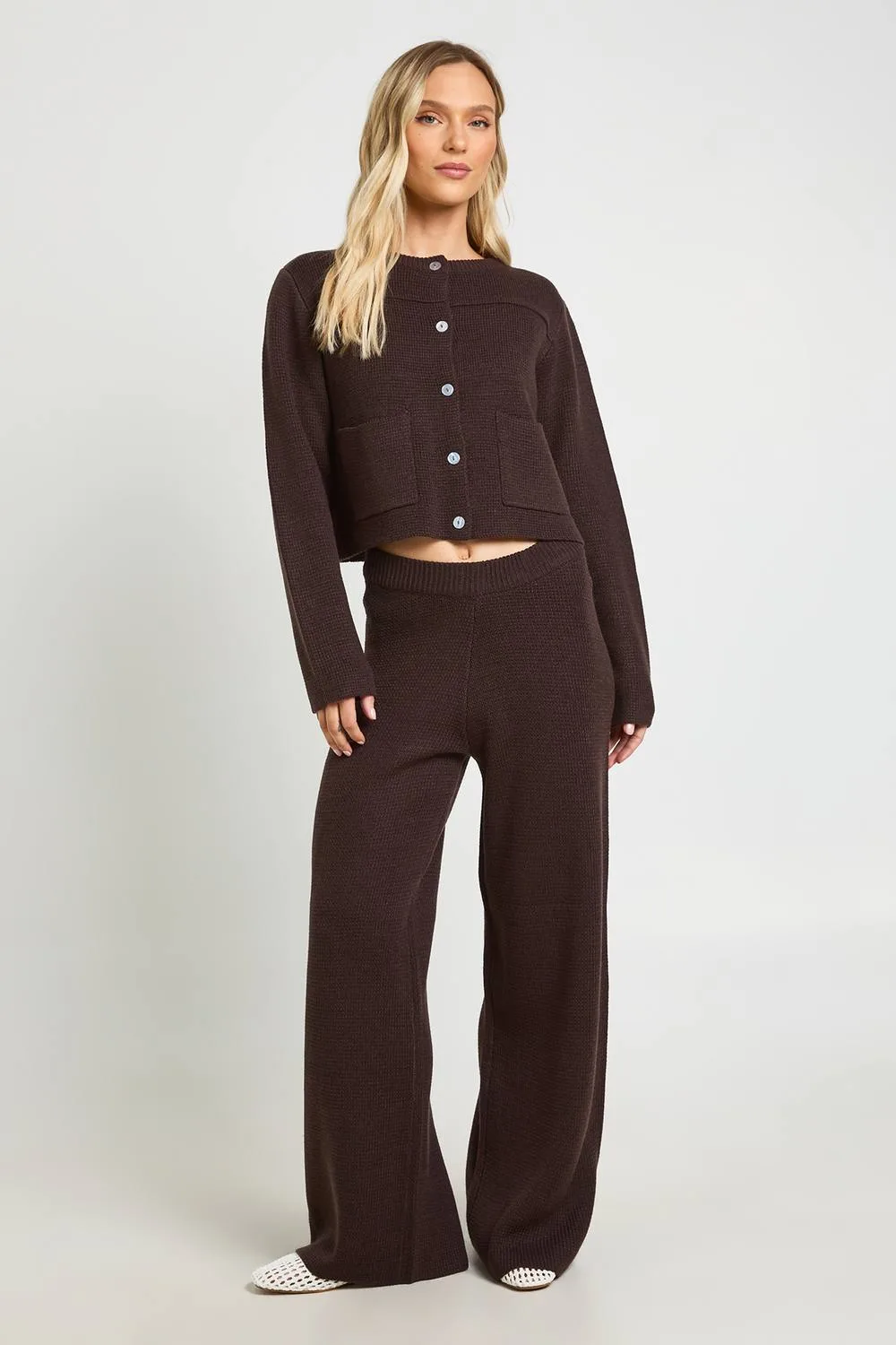 Pocket Detail Crew Neck Knitted Cardigan & Wide Leg Trouser by boohoo