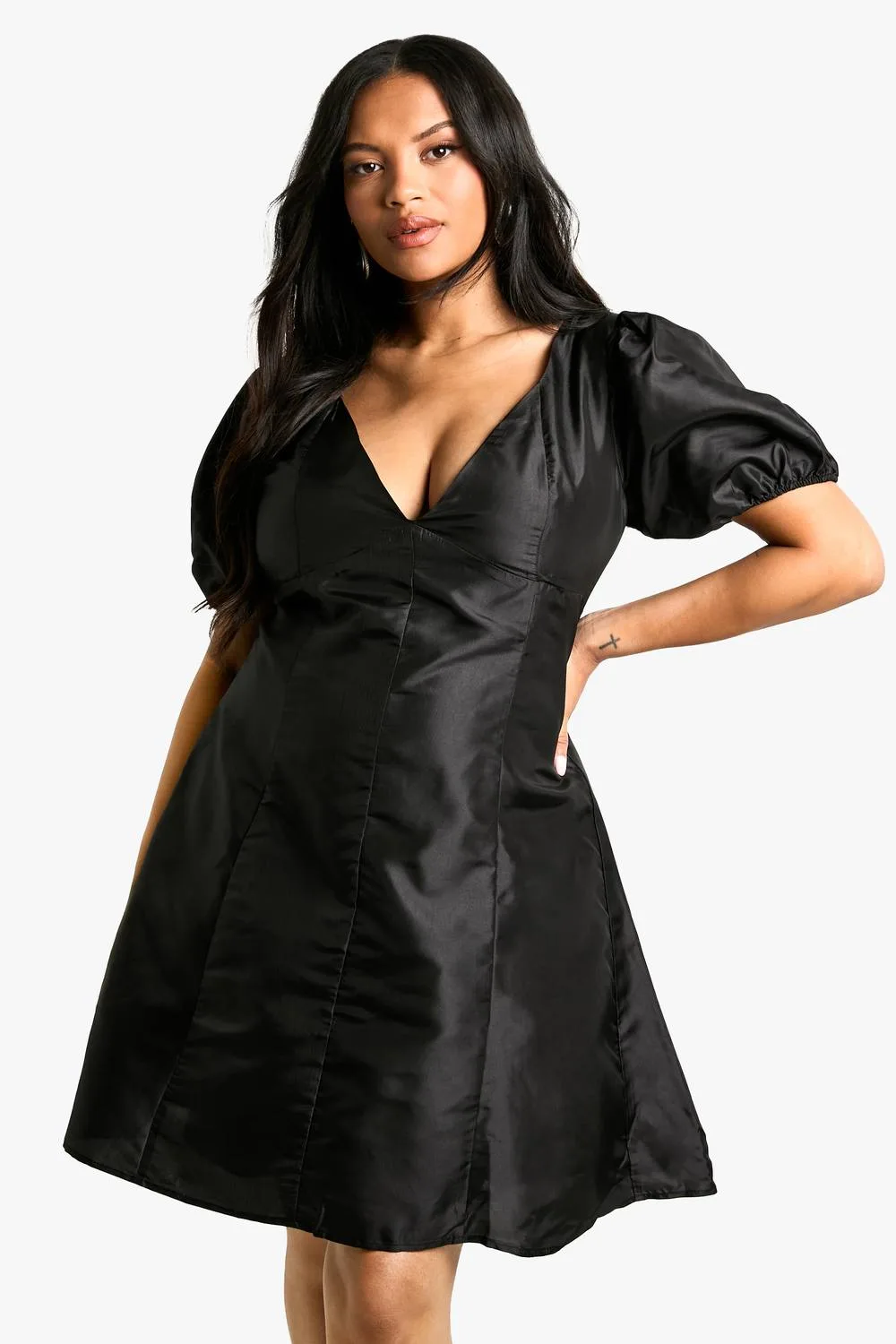 Woven Pleated Detail Puff Sleeve Skater Dress by boohoo