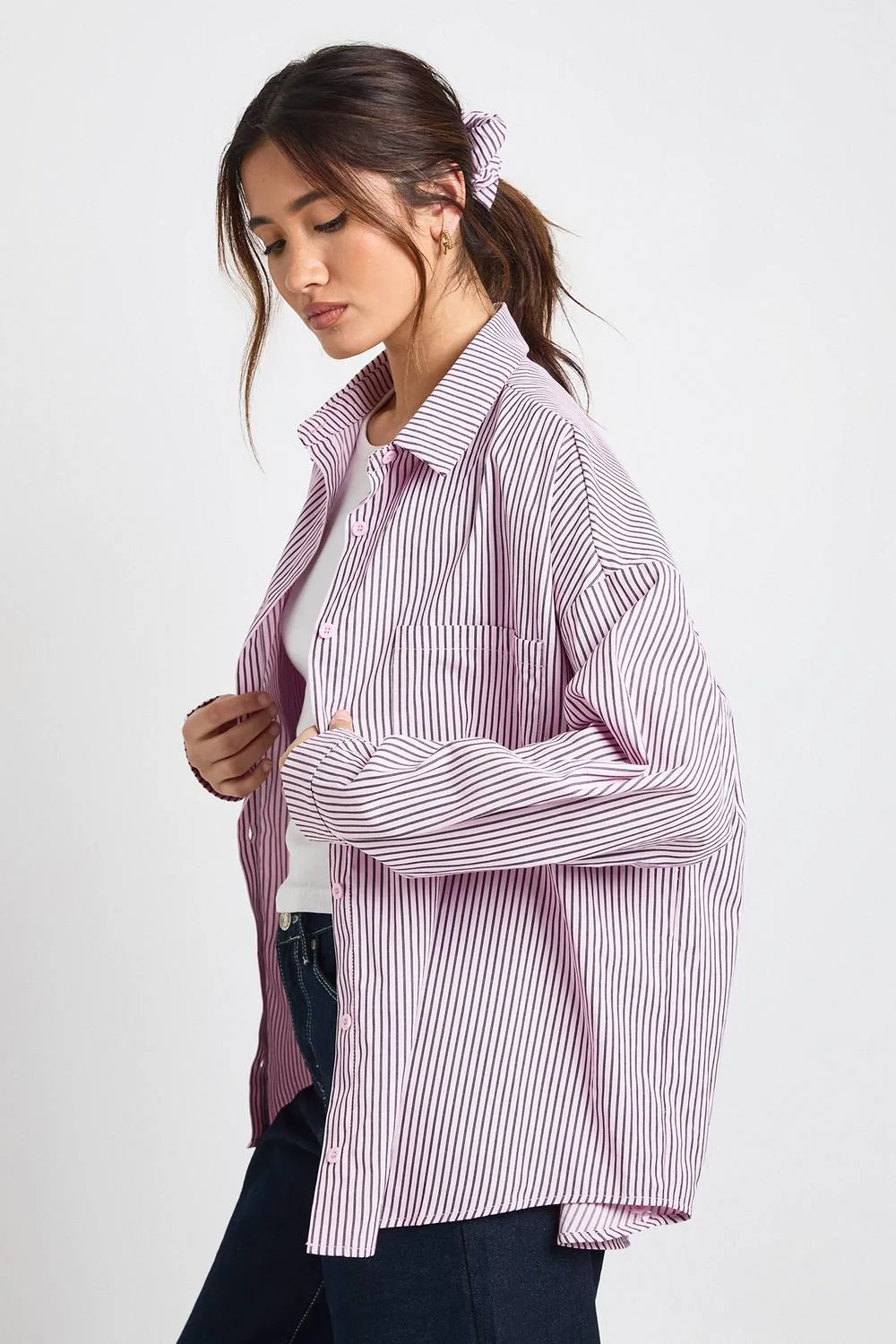 Stripe Oversized Shirt & Scrunchie Set by boohoo