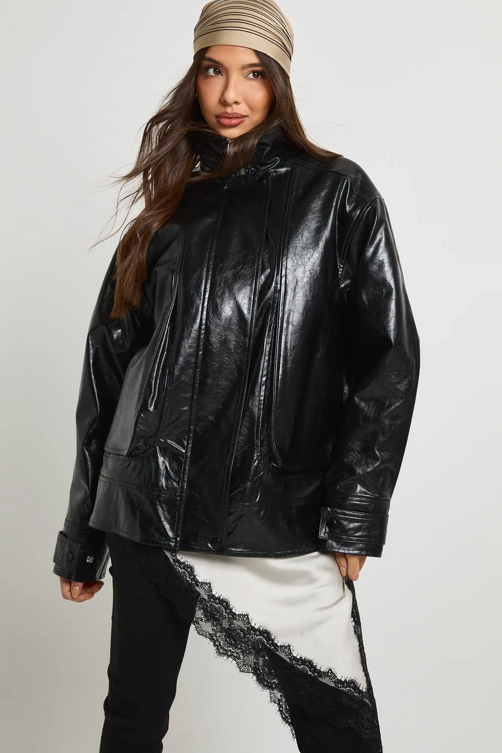 Teddy Lined Faux Leather Bomber Jacket by boohoo