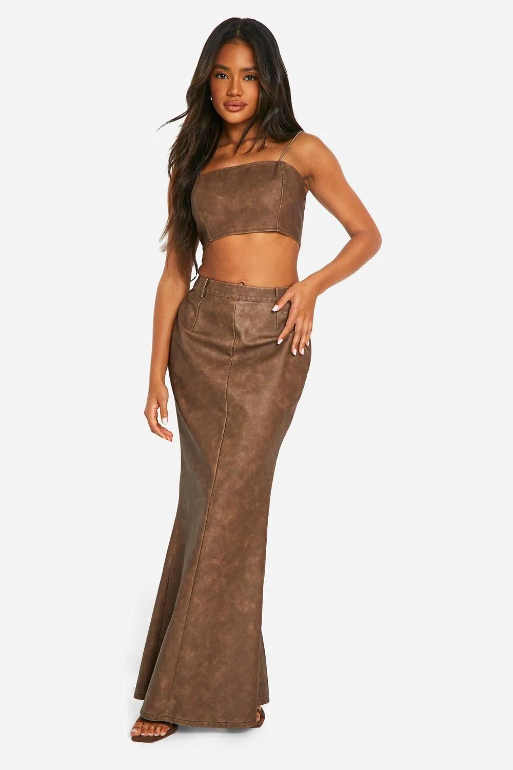 Washed Faux Leather Maxi Skirt by boohoo