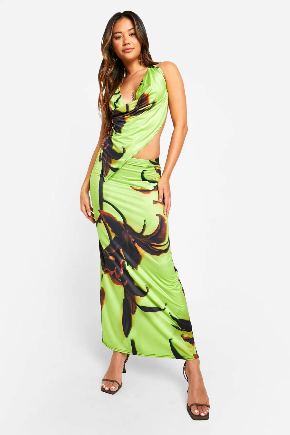 Large Scale Floral Slinky Cowl Cami & Maxi Skirt by boohoo