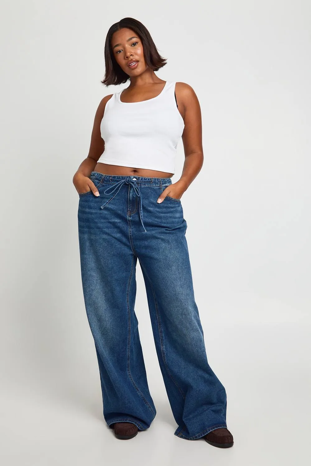 Tie Waist Channel Insert Wide Leg Jean by boohoo