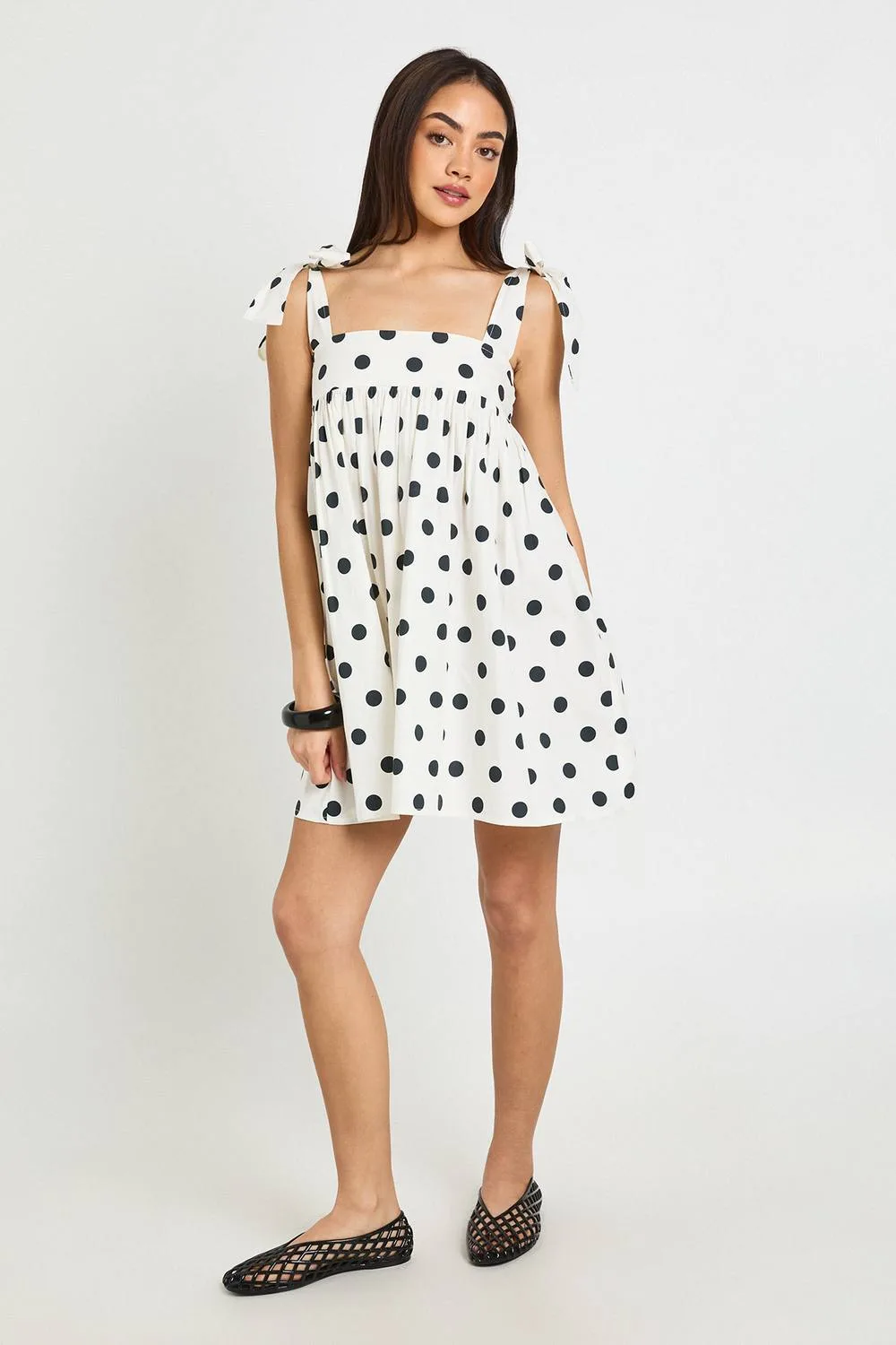 Polka Dot Tie Shoulder Mini Smock Dress