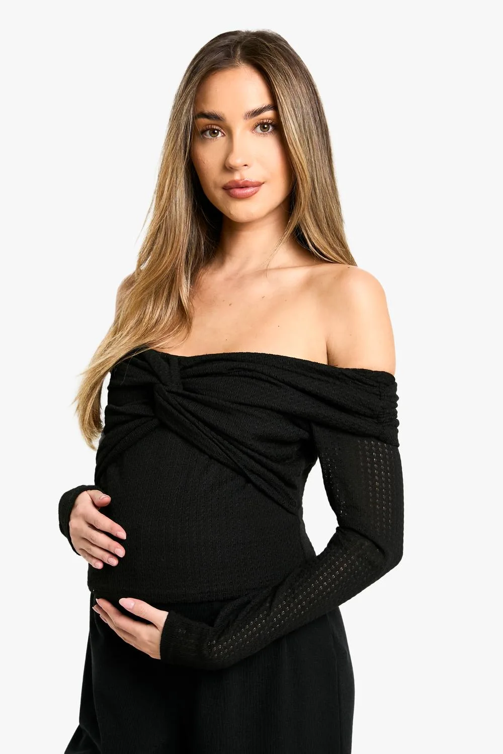 Maternity Textured Twist Detail Bardot Long Sleeve Top by boohoo