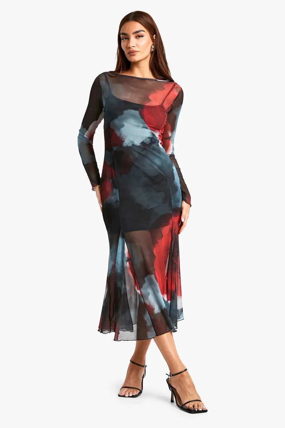 Slash Neck Floral Mesh Print Godet Hem Midaxi Dress