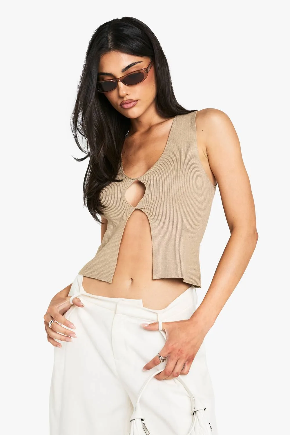 Twist Front Knitted Waistcoat - Stone by boohoo
