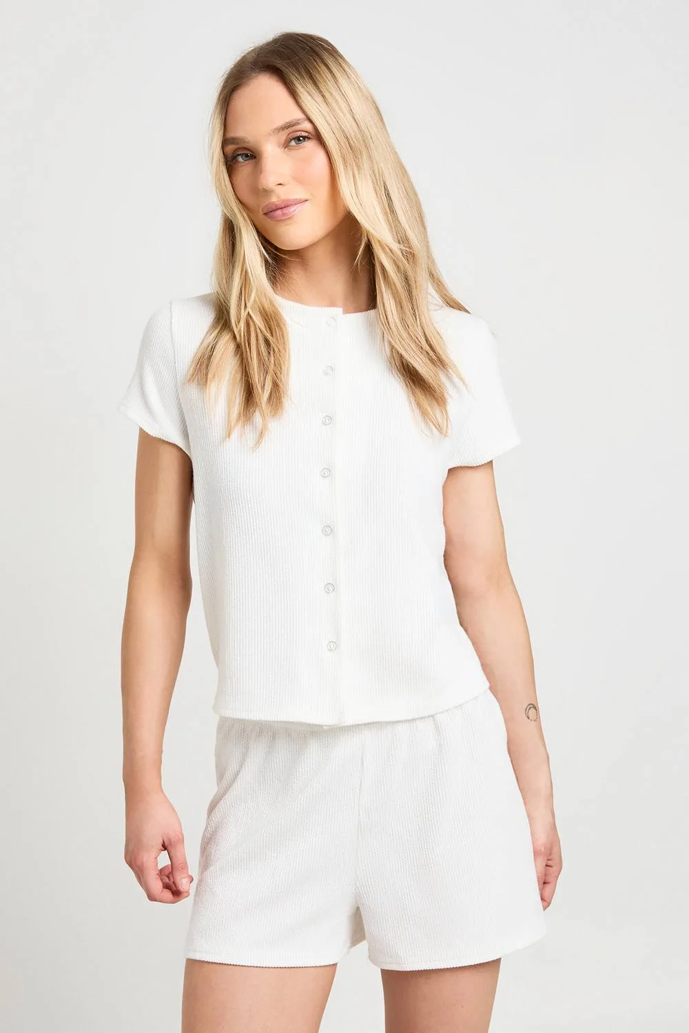 Rib Short Sleeve Button Through Top & Short Set by boohoo