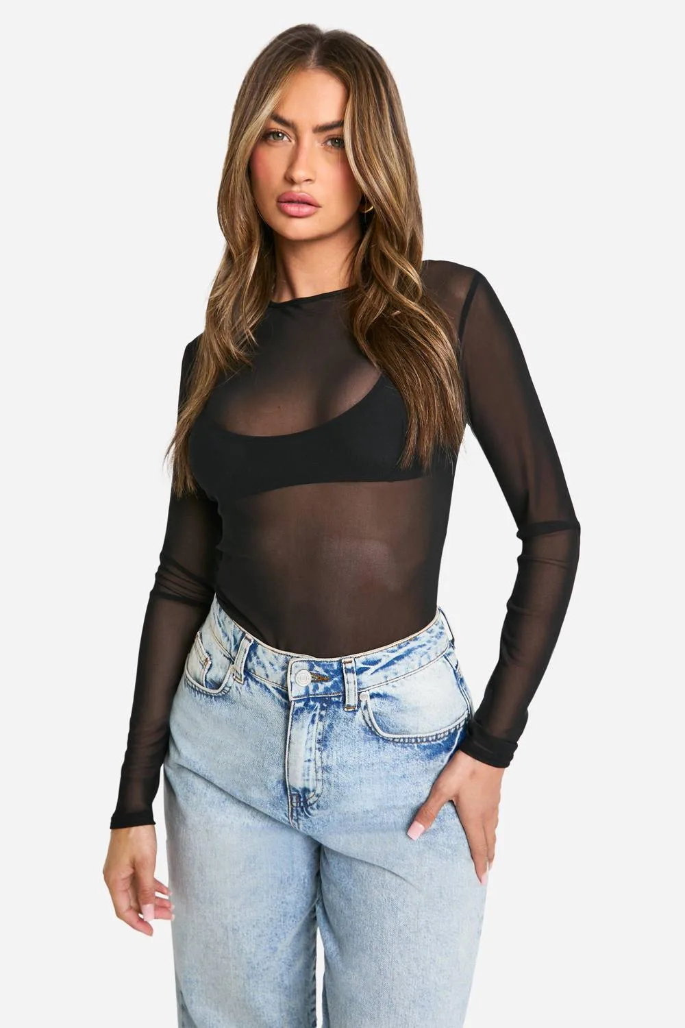 Basic Mesh Long Sleeve Bodysuit by boohoo