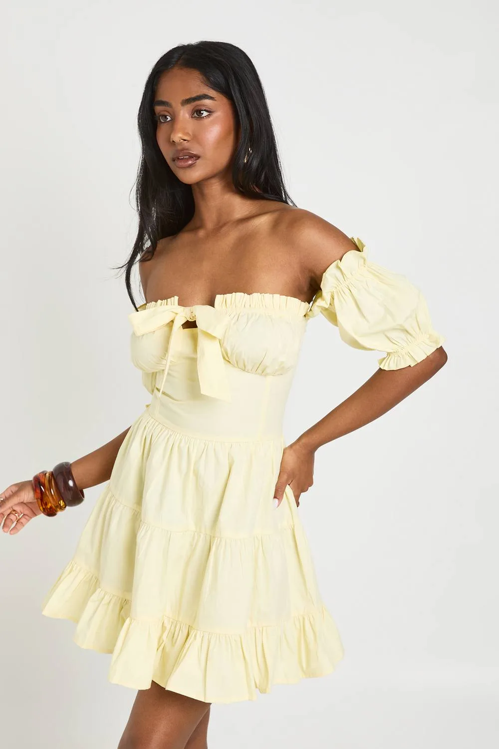 Ruched Bust Puff Sleeve Mini Dress by boohoo