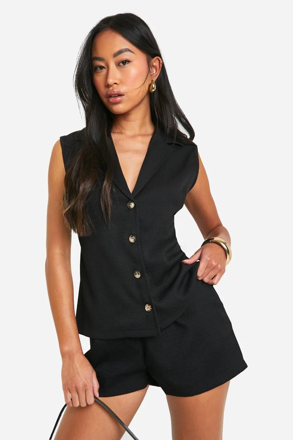 Textured Linen Look Open Tie Back Waistcoat by boohoo