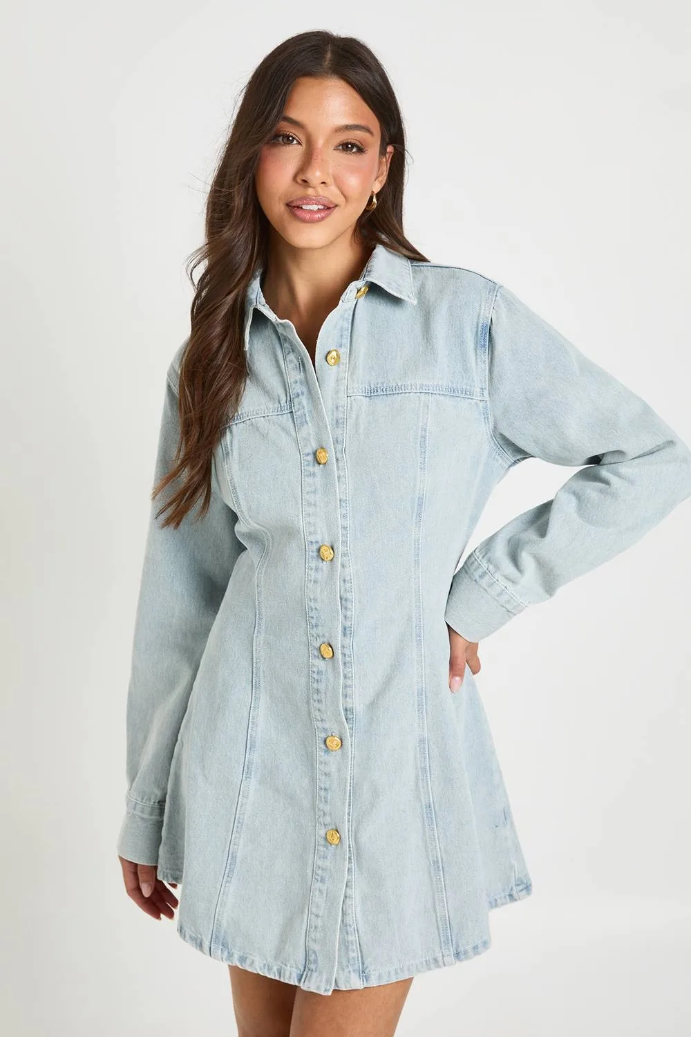 Gold Button Cinched Denim Dress