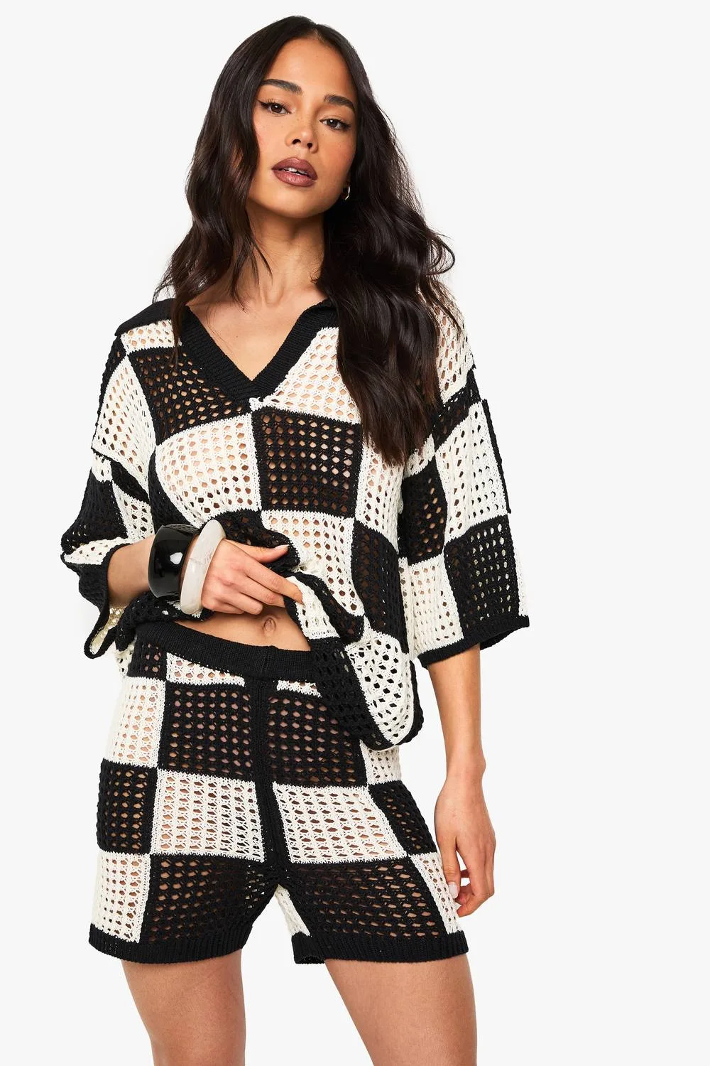 Checkerboard Crochet Wide Leg Beach Short by boohoo