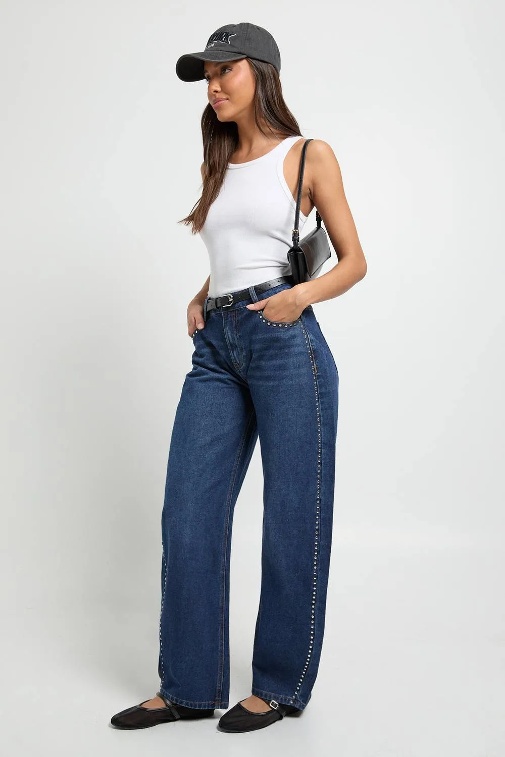 Studded Mid Waist Barrel Jean by boohoo