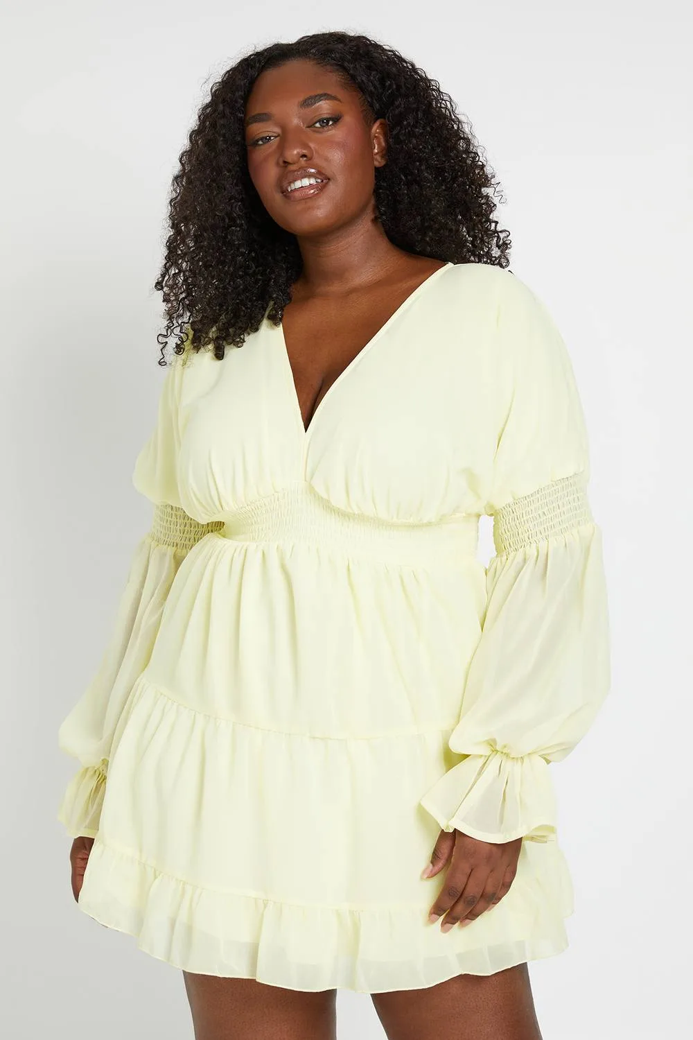 V Neck Blouson Sleeve Volume Smock Dress by boohoo