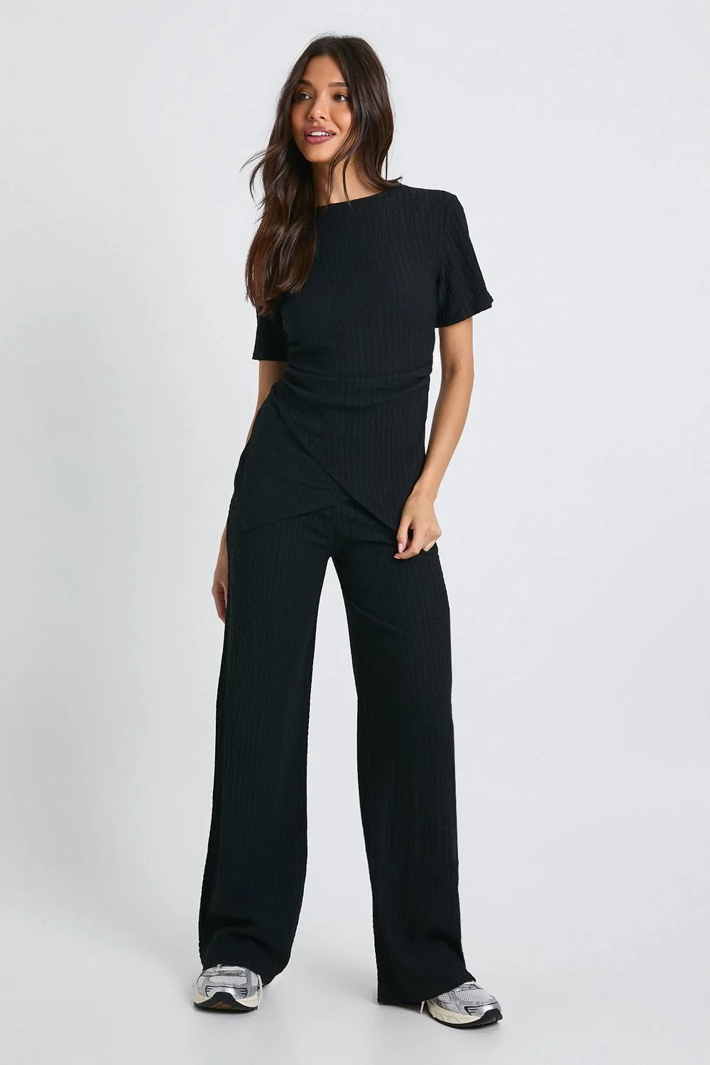 Textured Wrap Front Gathered Waist T-Shirt Coord by boohoo