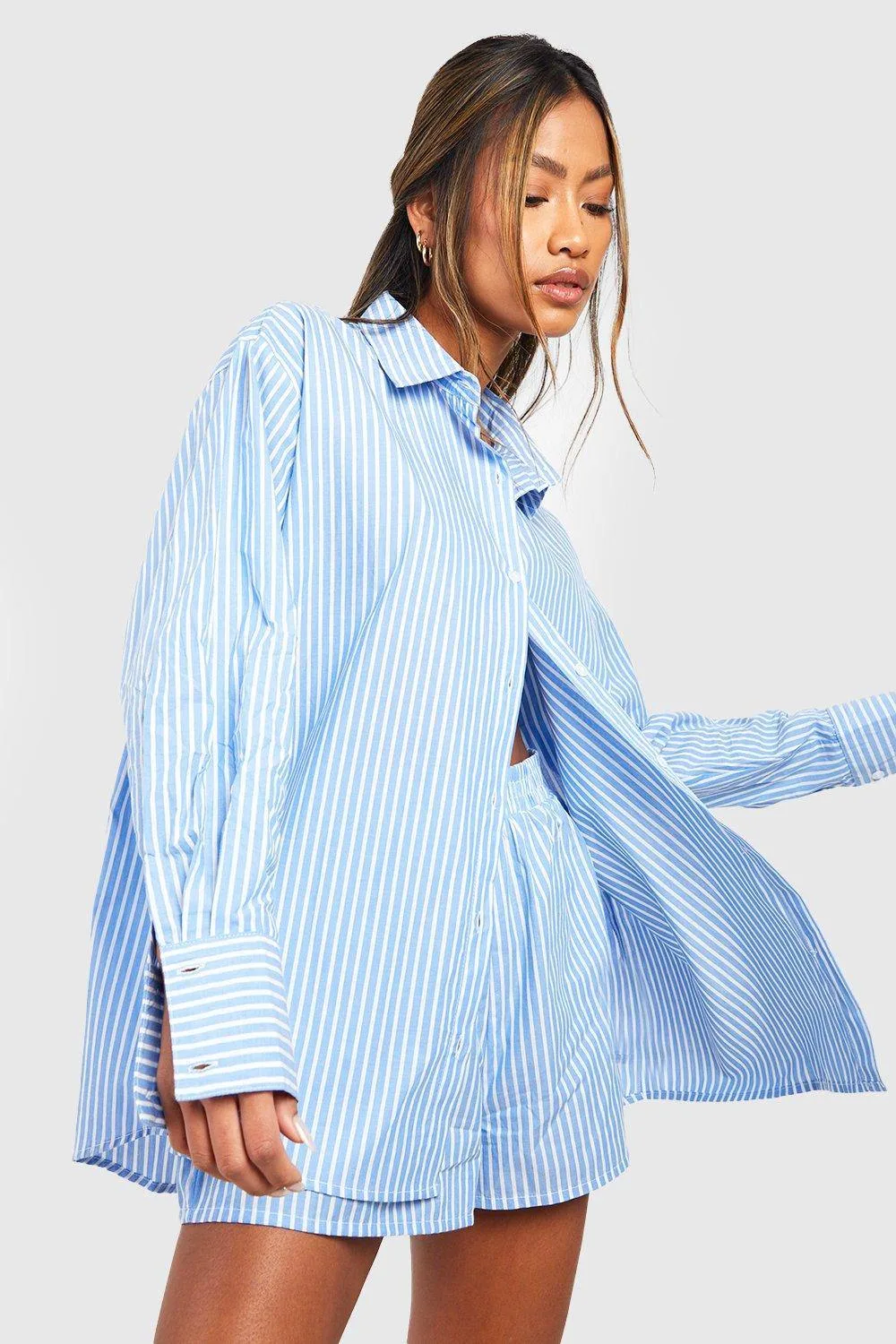Cotton Pinstripe Oversized Pyjama Shirt by boohoo