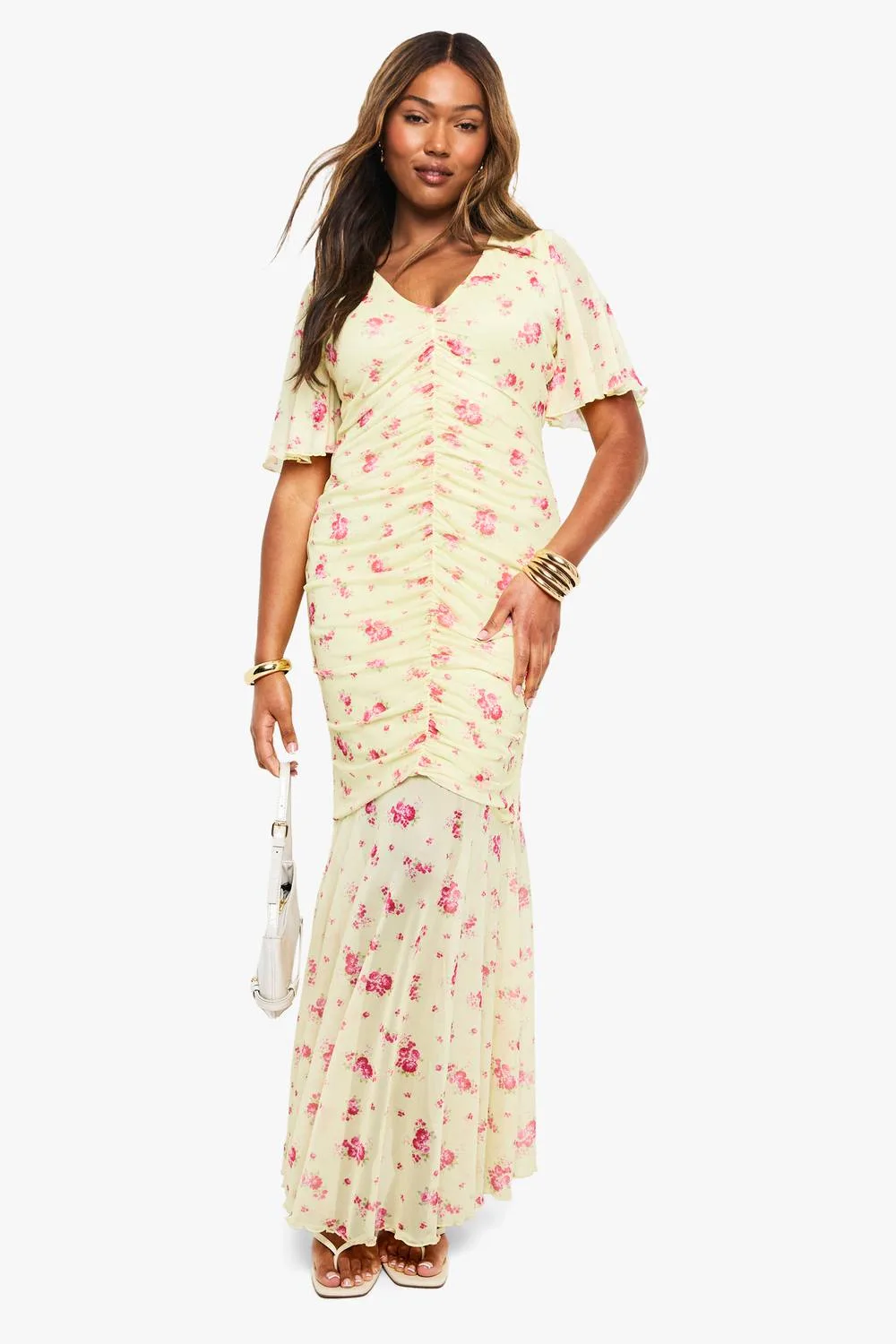 Floral Mesh Ruched Angel Sleeve Mini Dress by boohoo