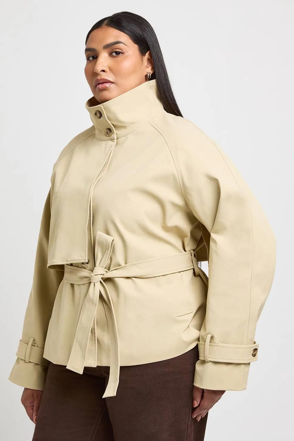 Funnel Neck Belted Trench Coat - Stone by boohoo