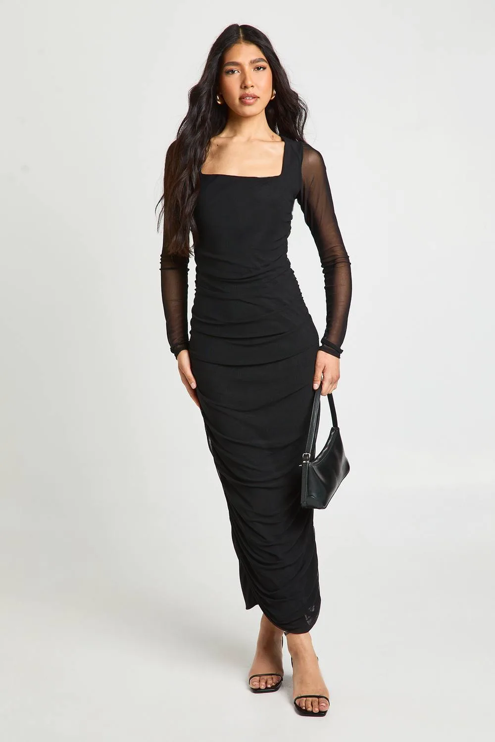 Mesh Square Neck Ruched Midi Dress by boohoo
