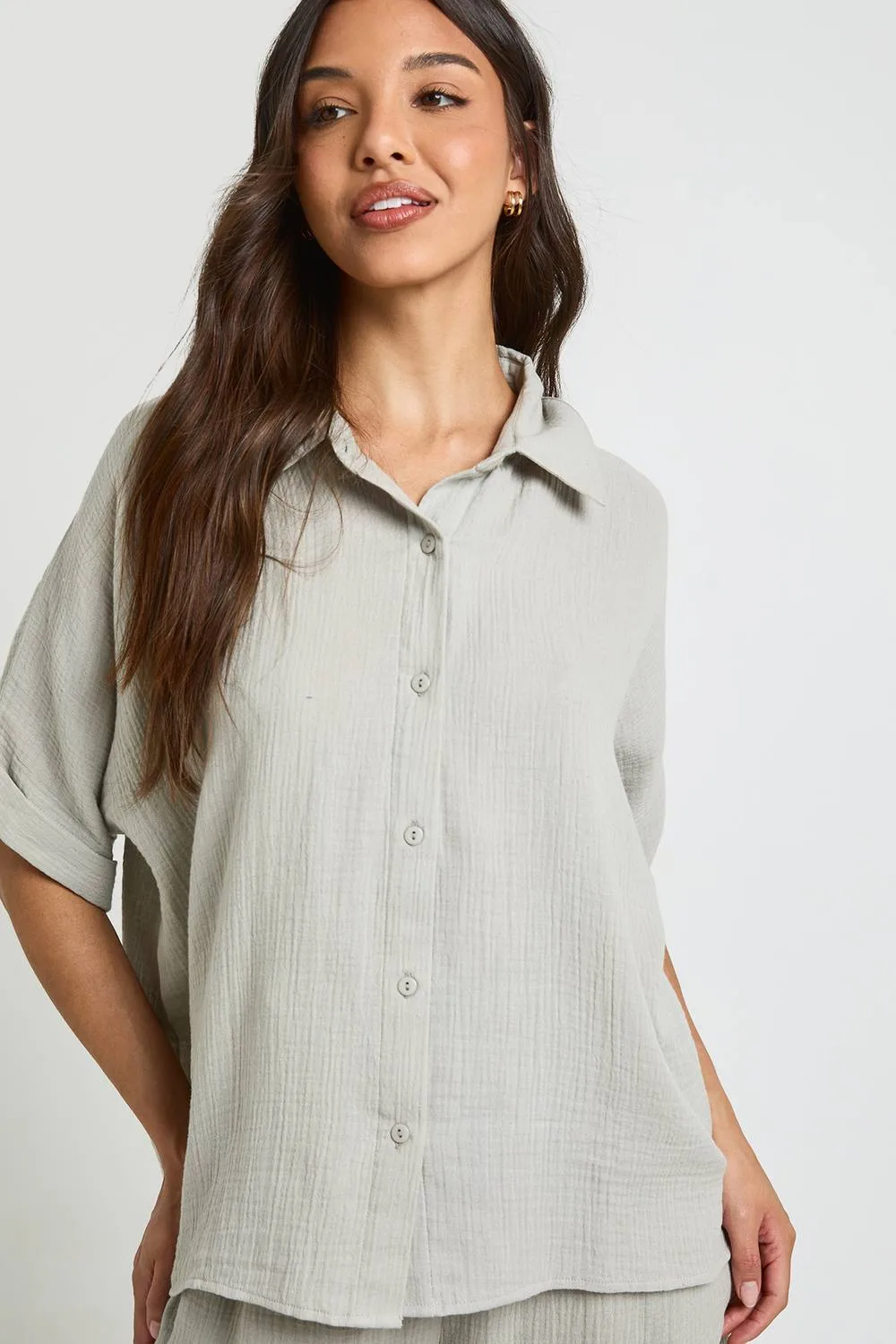 Short Sleeve Boxy Beach Shirt - Stone by boohoo