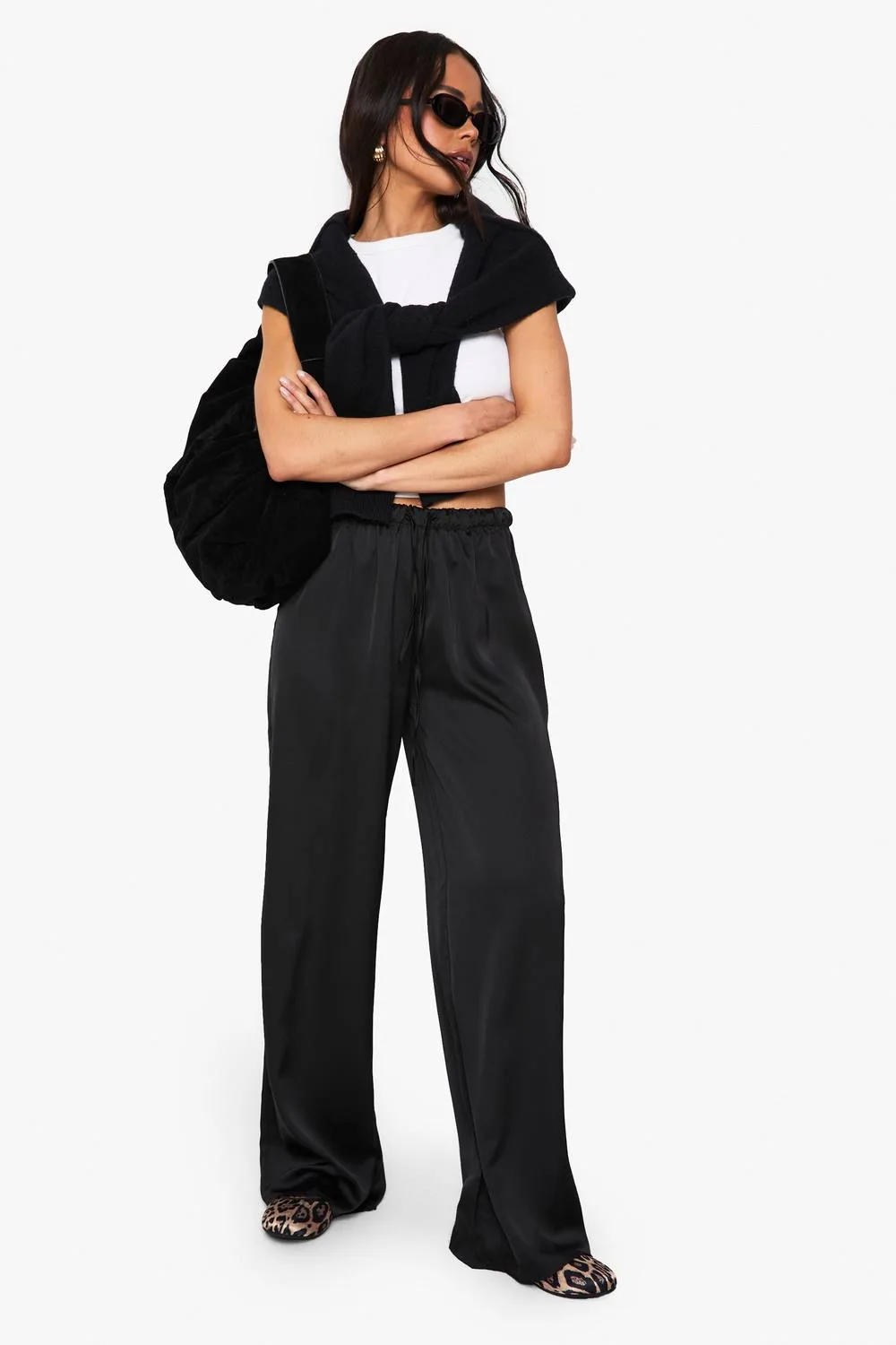 Satin Drawcord Fluid Wide Leg Trousers by boohoo