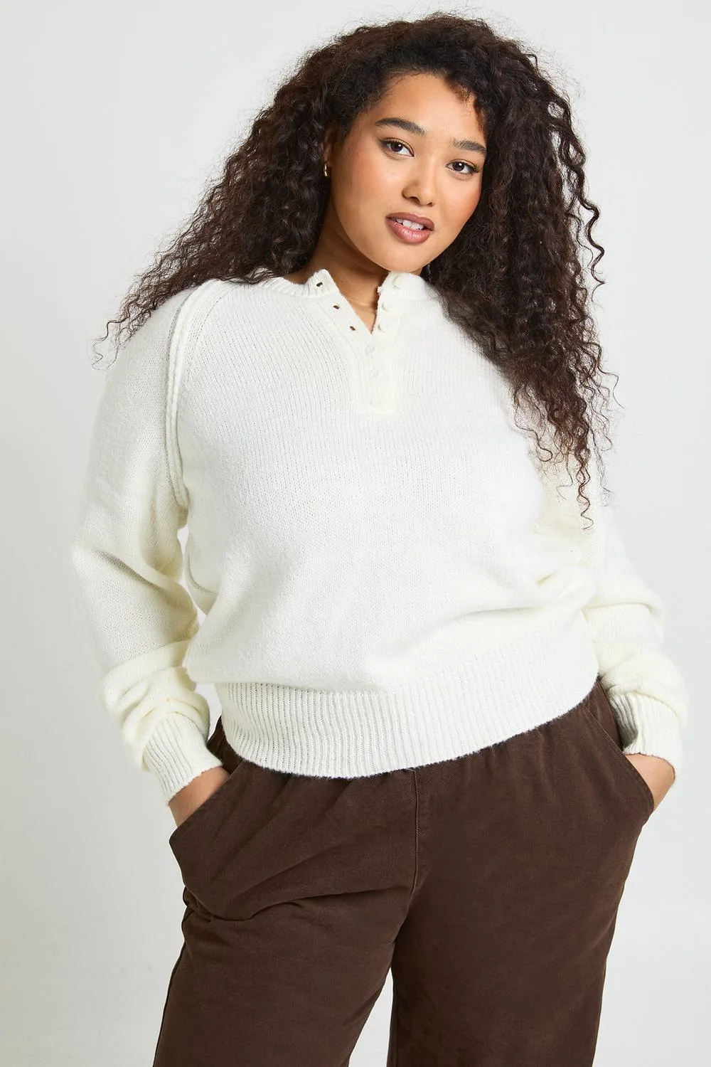 Exposed Seam Henley Knitted Jumper by boohoo