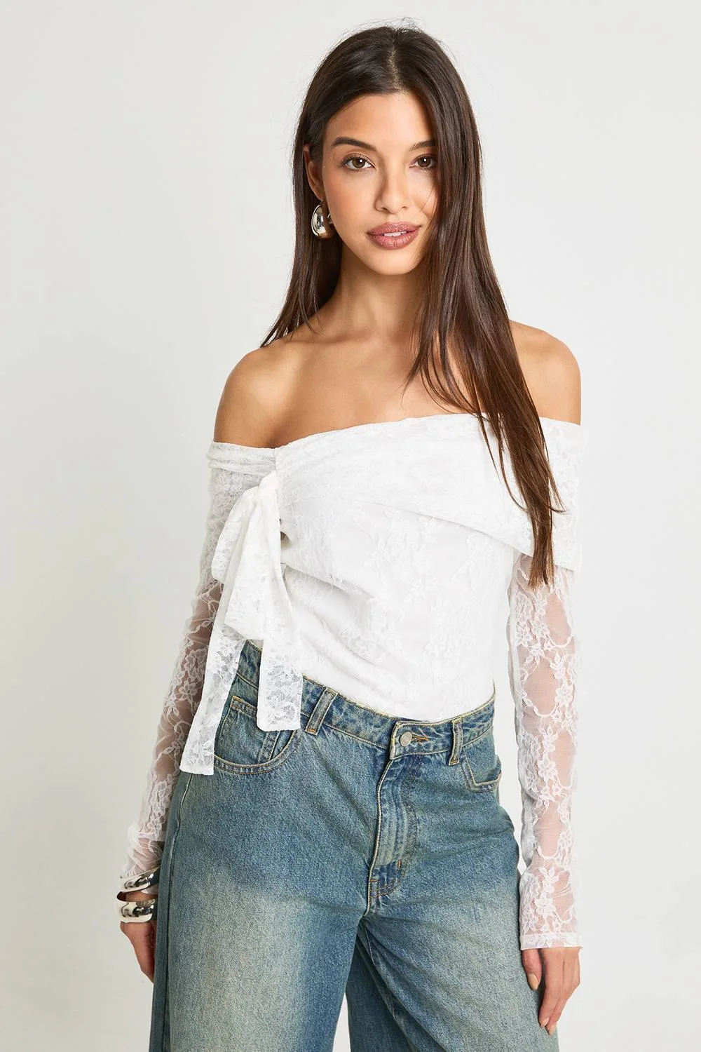Lace Bow Detail Bardot Bodysuit by boohoo