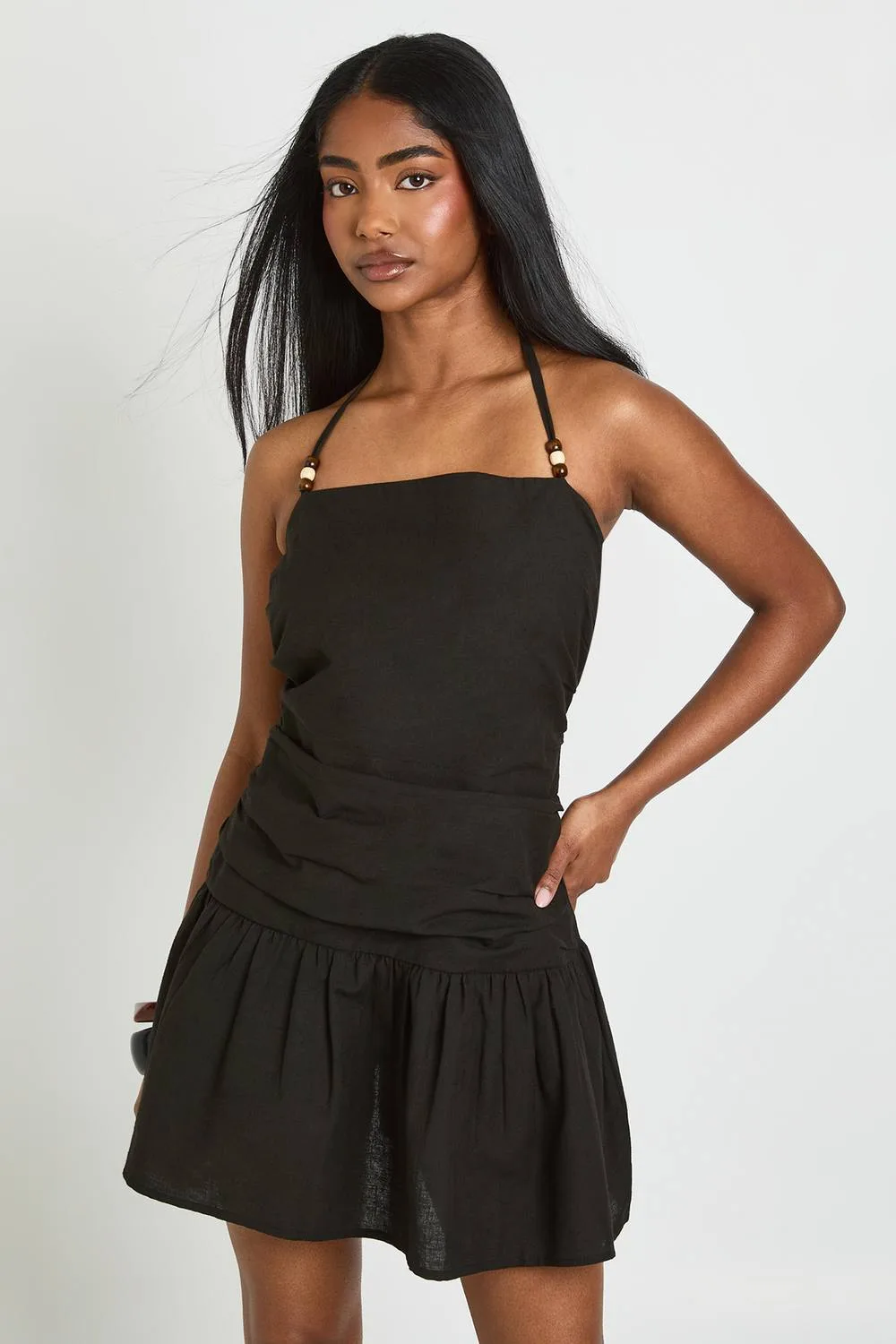 Linen Beaded Drop Waist Mini Dress by boohoo