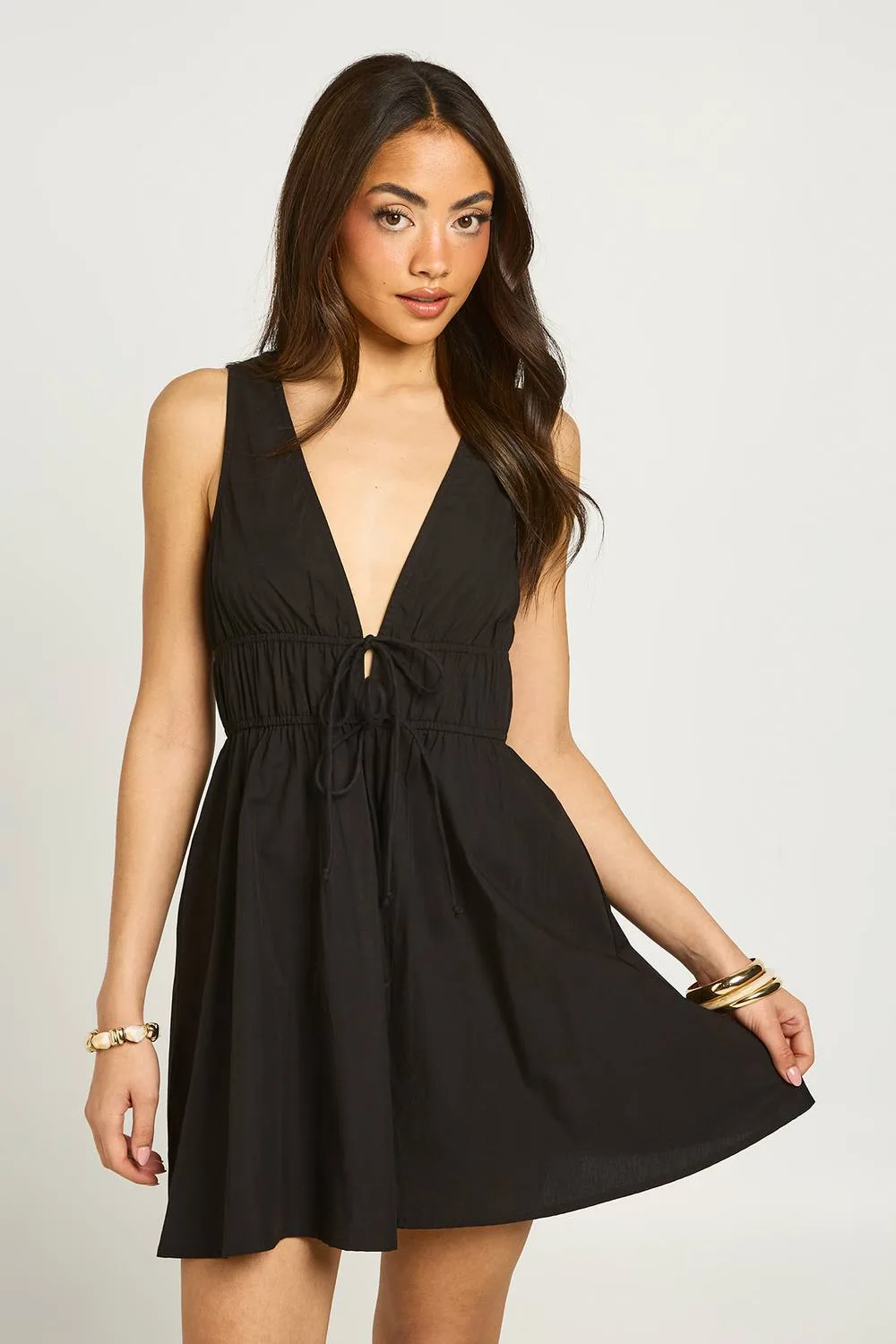 Deep V Front Tie Mini Skater Dress by boohoo