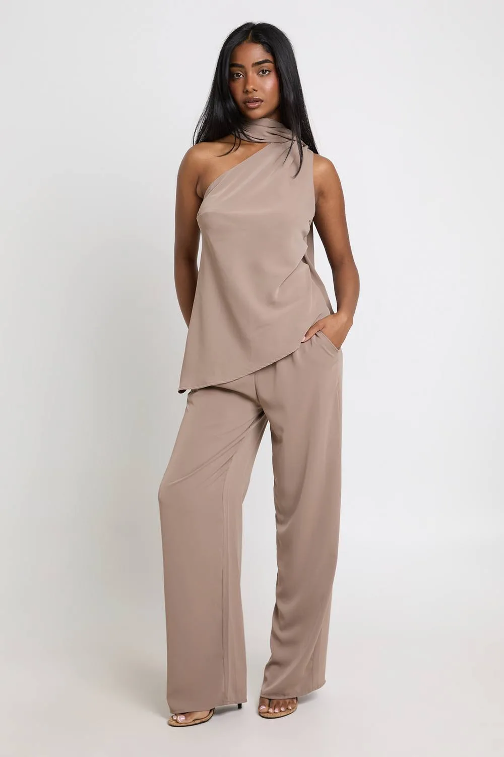 Wrap Scarf Detail Top & Wide Leg Trouser Co-Ord by boohoo