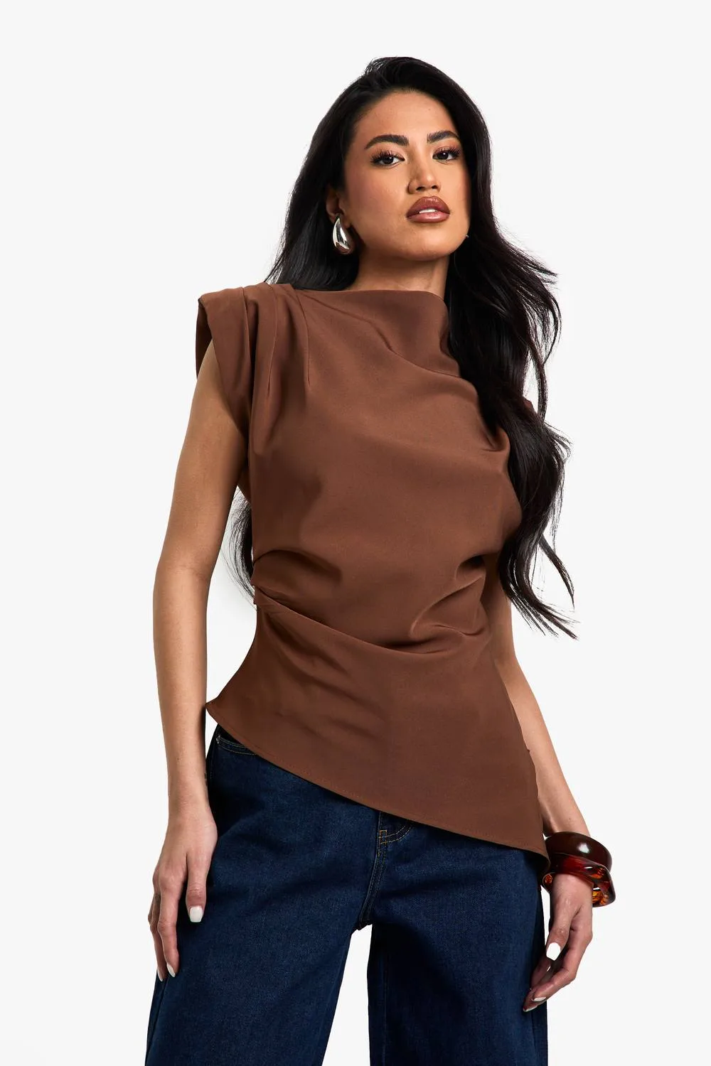Gathered Shoulder Pad Asymmetric Blouse by boohoo