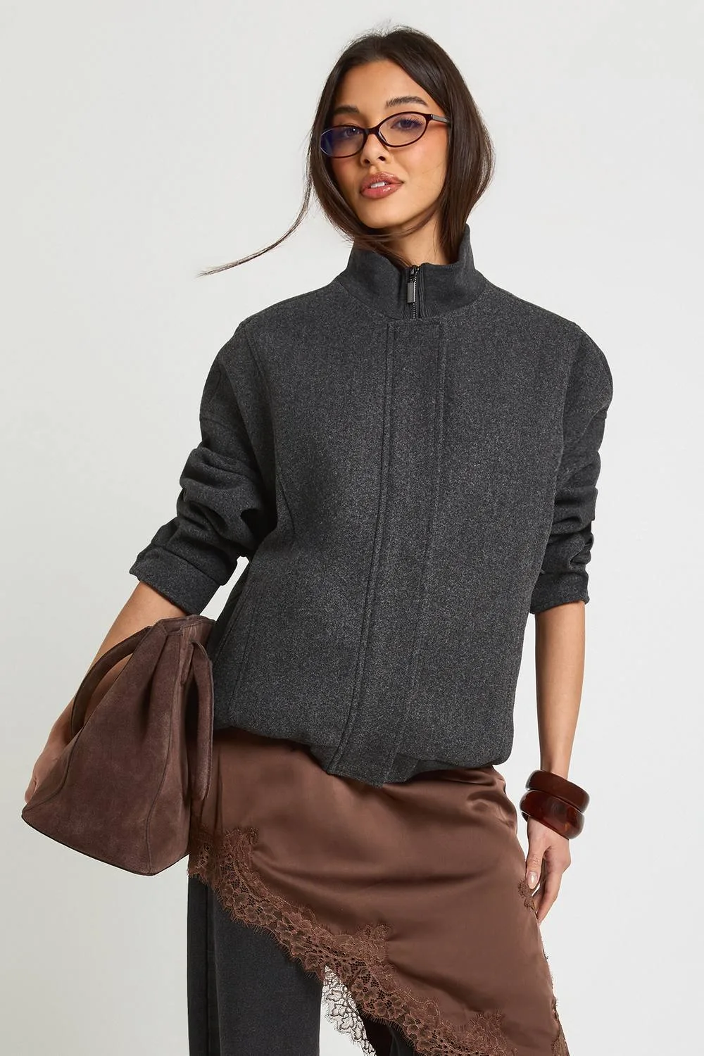 Funnel Neck Wool Look Bomber Jacket by boohoo