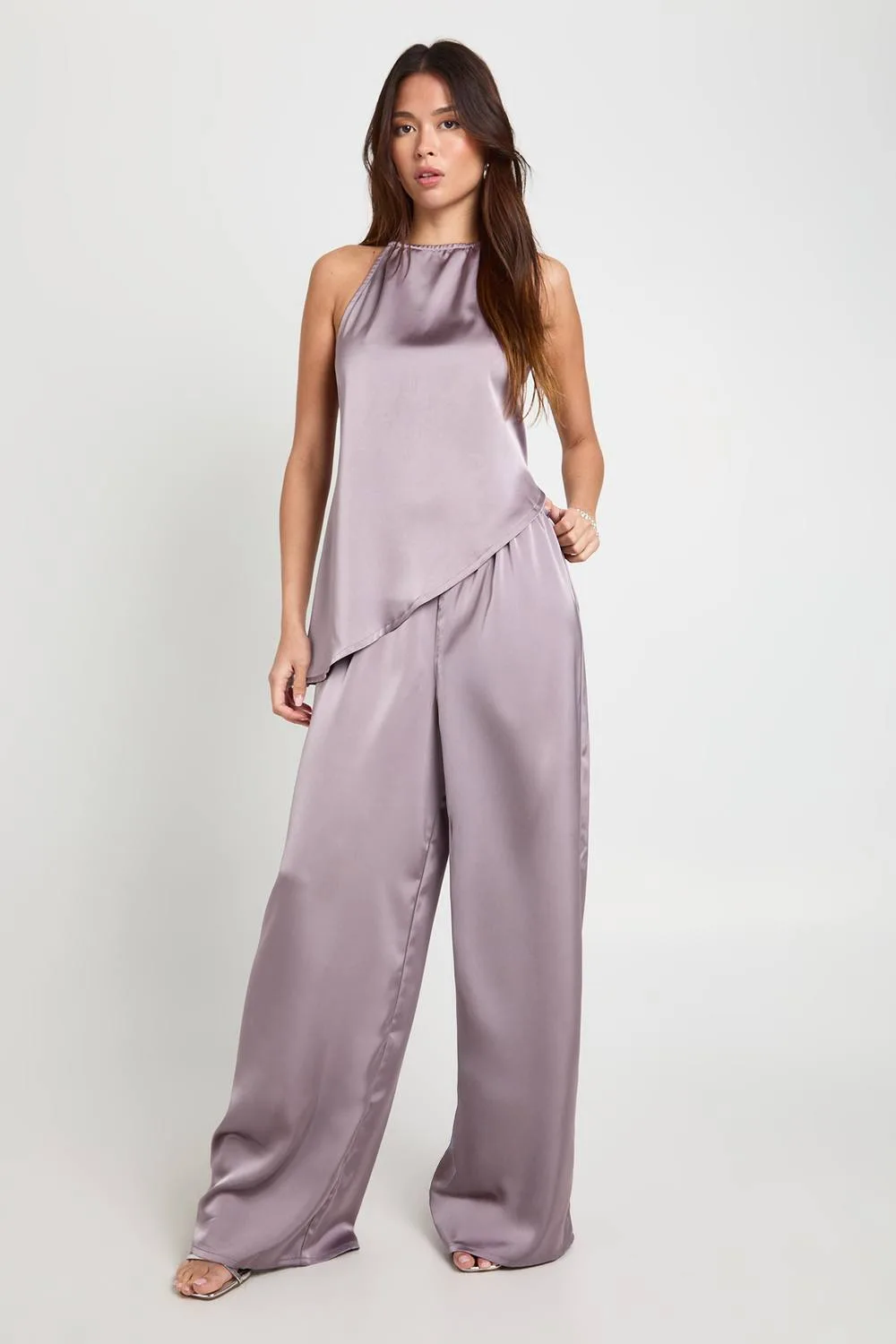Halterneck Asymmetric Satin Cami & Trouser Co-Ord by boohoo