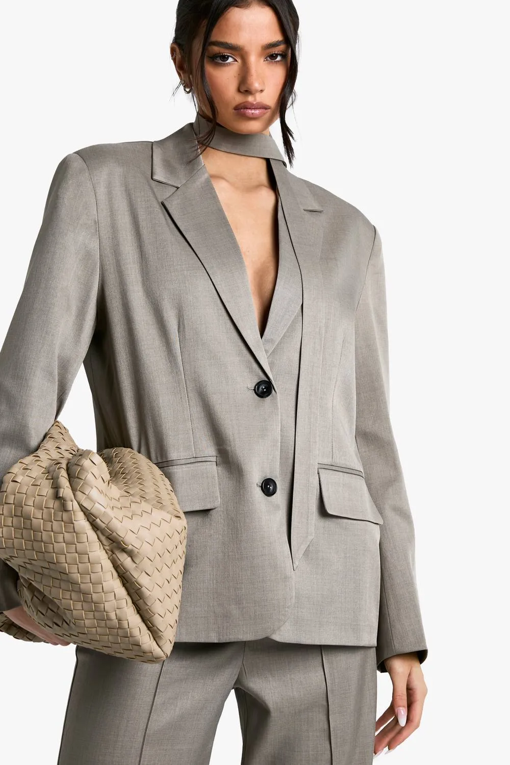 Tailored Neck Tie Woven Blazer by boohoo