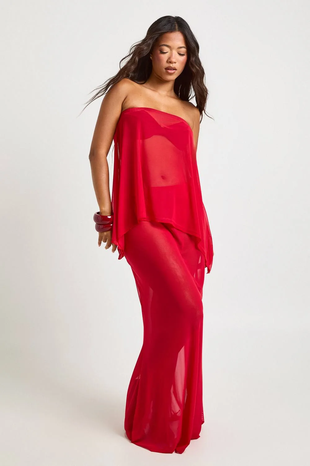 Sheer Mesh Bandeau Top & Maxi Beach Skirt Co-Ord by boohoo