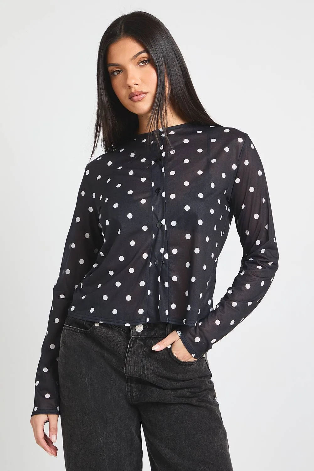 Polka Dot Print Mesh Button Through Top by boohoo