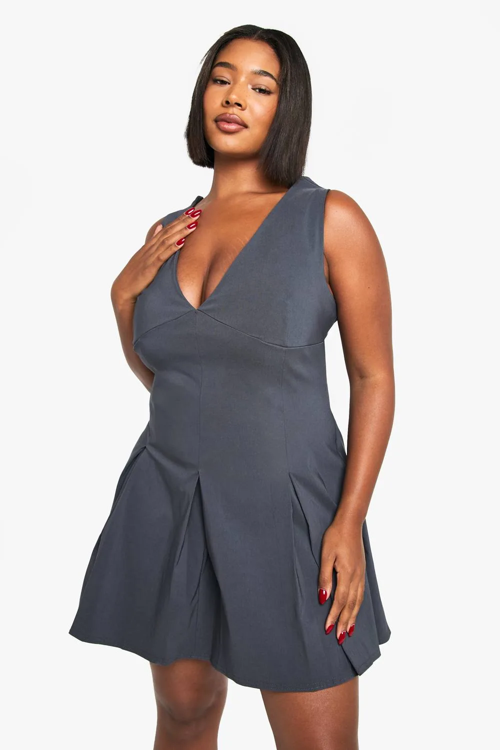 Bengaline Plunge Pleated Skirt Mini Dress by boohoo