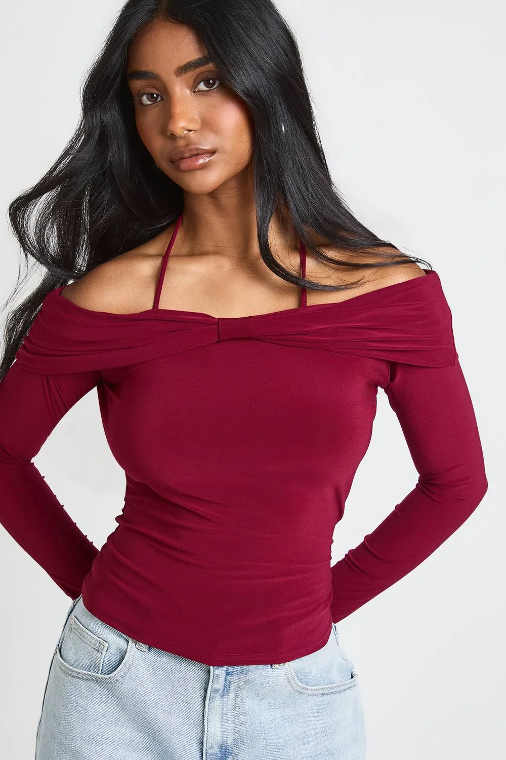 Slinky Bardot Bow Detail Top by boohoo