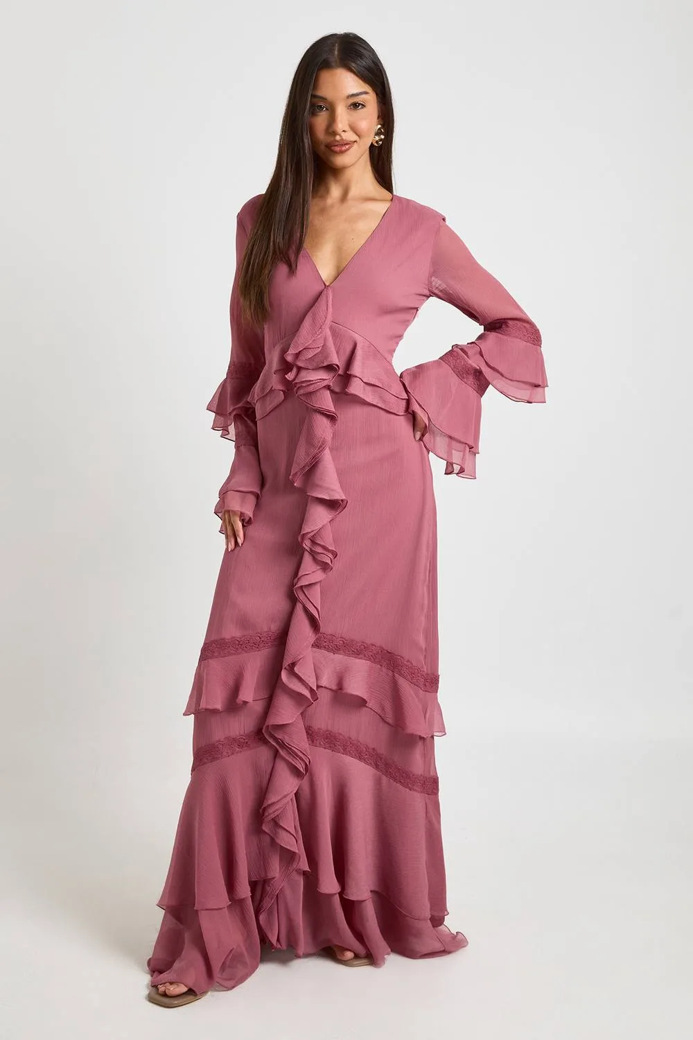Chiffon Ruffle Lace Trim Detail Maxi Dress
