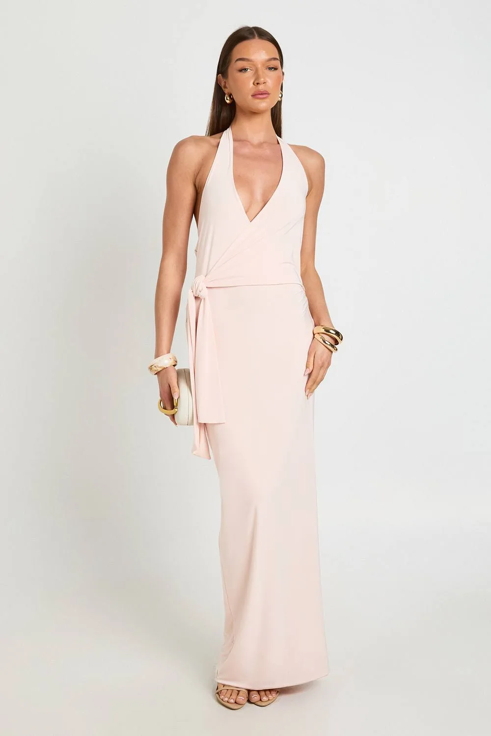 Slinky Halterneck Tie Waist Maxi Dress